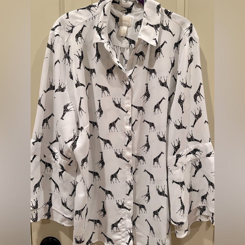 Chico size 16, giraffe print, button front shirt, flare, sleeve